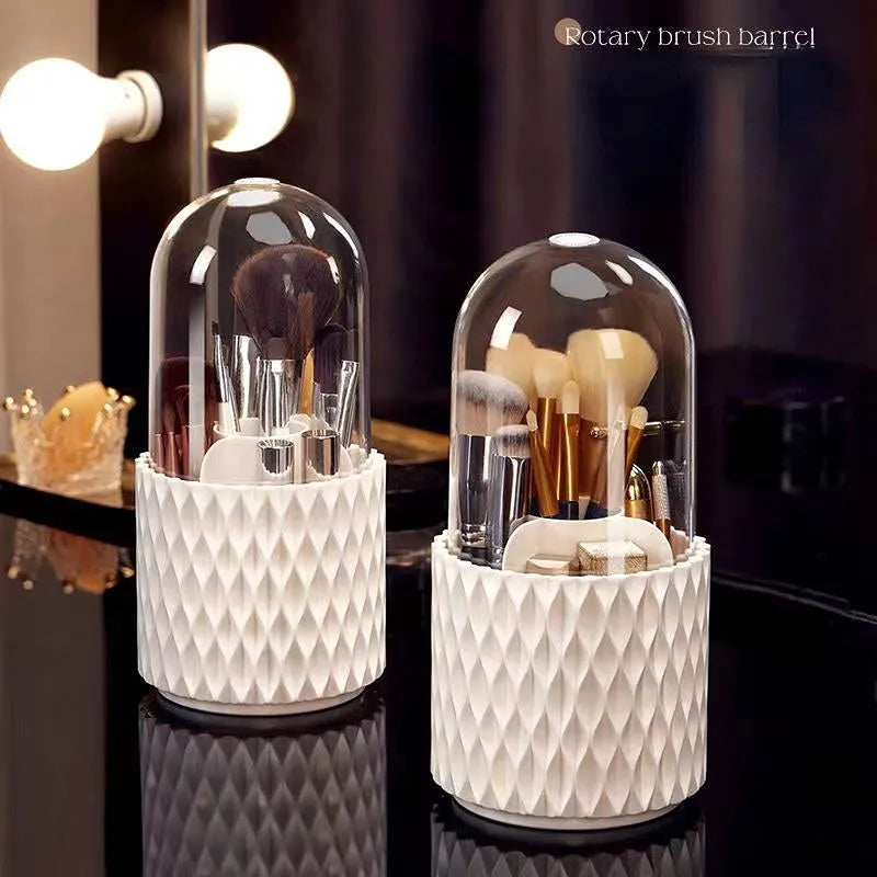 White transparent rotating makeup brush storage box with lid and split compartments