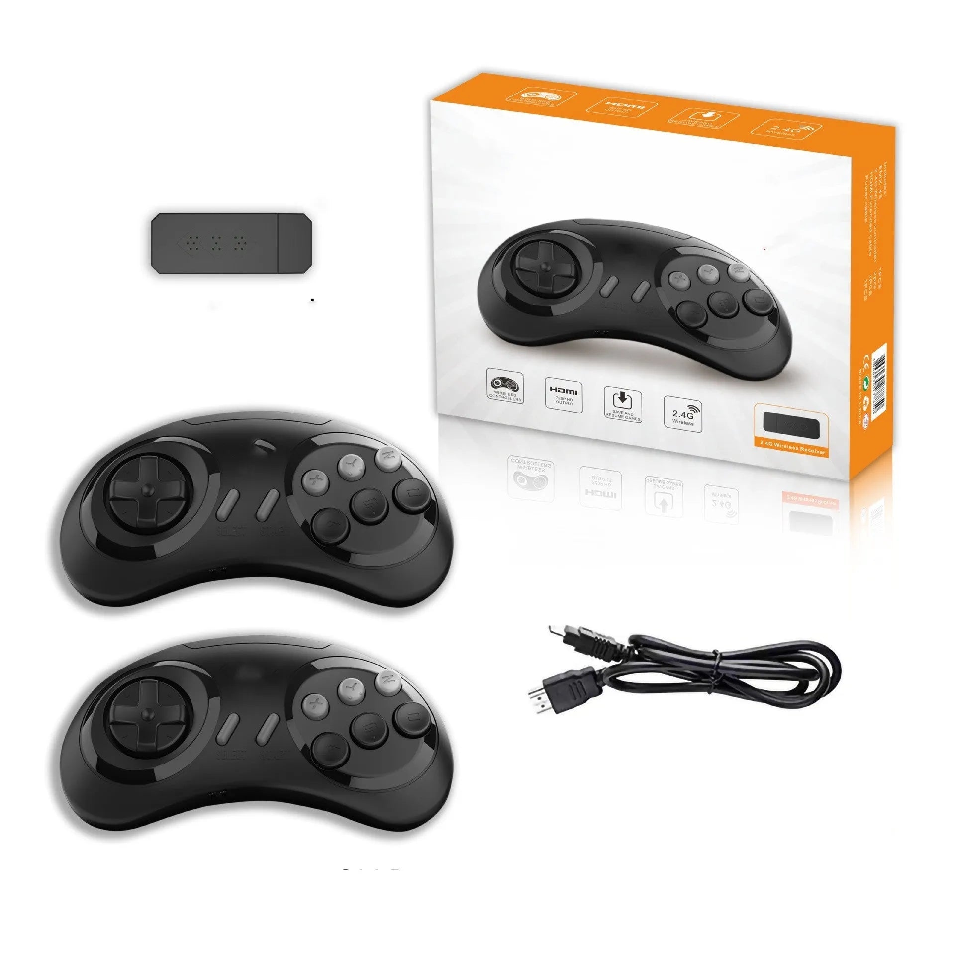 Mini wireless home game console in black with nostalgic style, ABS material, and wireless gamepad for children aged 6-14