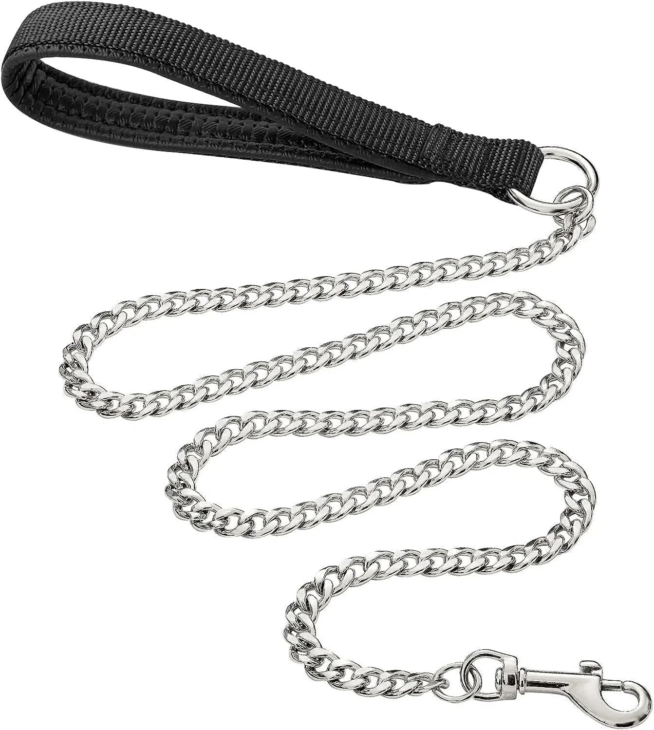 Heavy duty metal chain dog leash with a soft black padded handle, shown in red, blue, and black colours