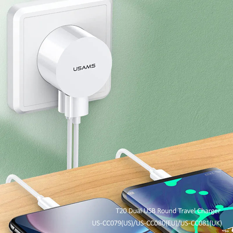 White portable universal dual USB phone charger with US, EU and UK plugs
