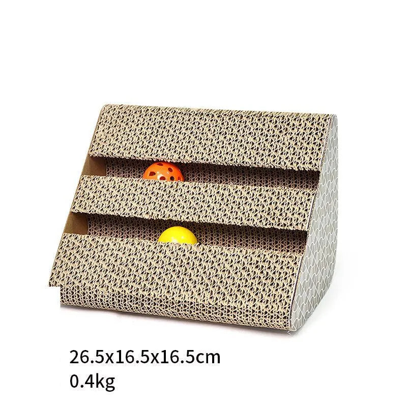 Corrugated paper cat scratcher in style A with a cat scratching it