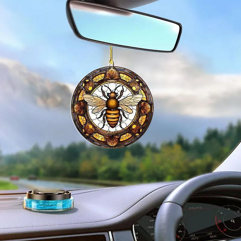 Round clear acrylic pendant with yellow and black bee disc cartoon design