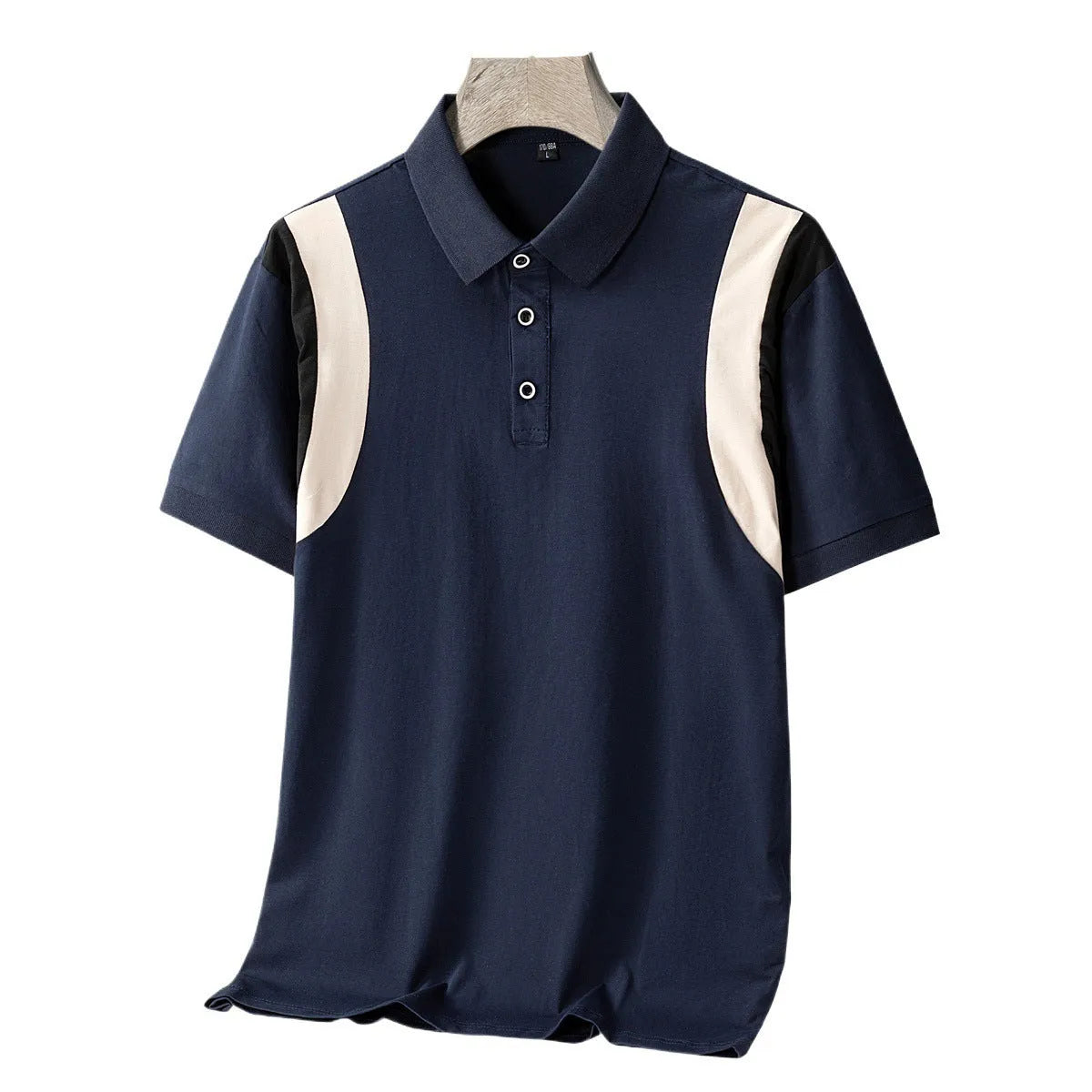 Man modelling a thin cotton short-sleeved T-shirt with a business lapel collar in a loose fit.