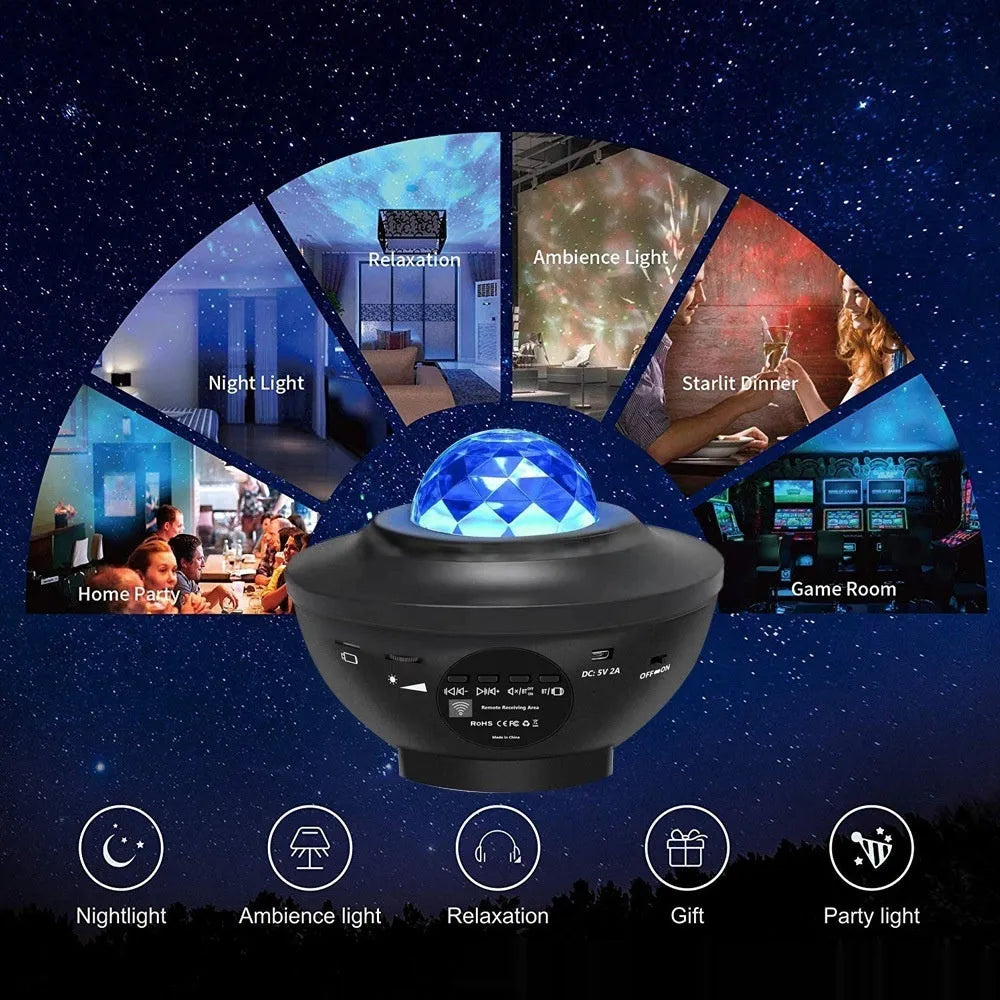 Black parallel style Bluetooth starry sky projection lamp with remote control on a desktop.