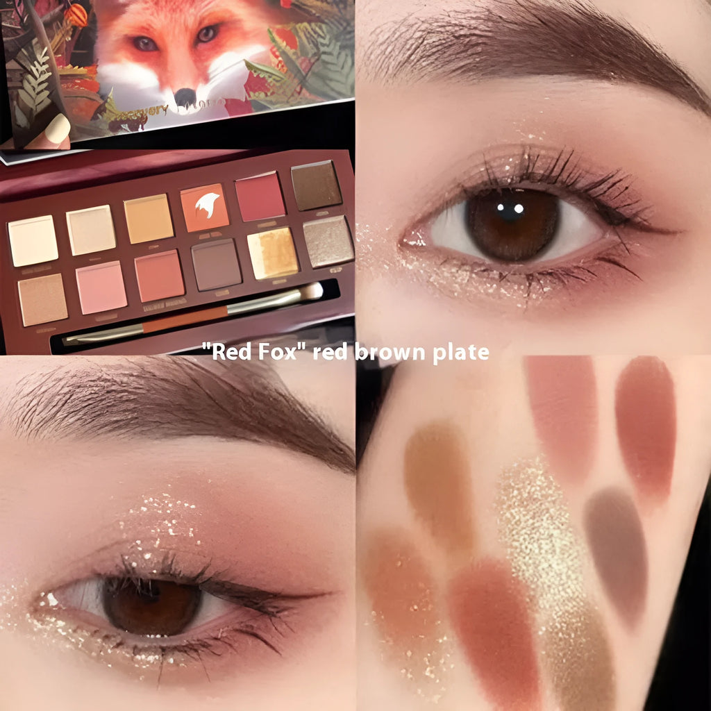 Animal-themed twelve-colour eyeshadow palette showing golden tiger, ink cat, red fox, and koi shades