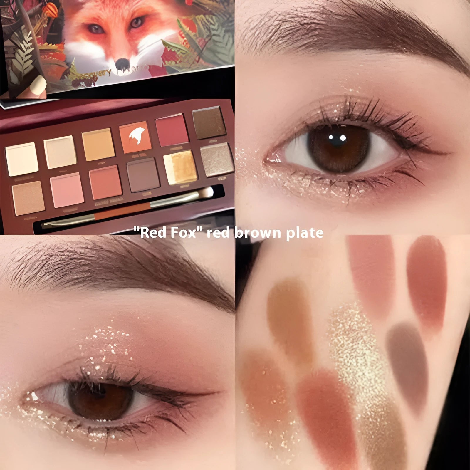 Animal-themed twelve-colour eyeshadow palette showing golden tiger, ink cat, red fox, and koi shades