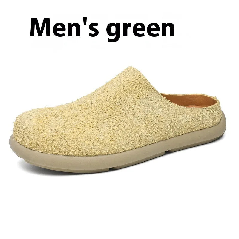 Men's suede leather half slippers in multiple colours with rubber sole, sizes 38 to 46, for casual outdoor use