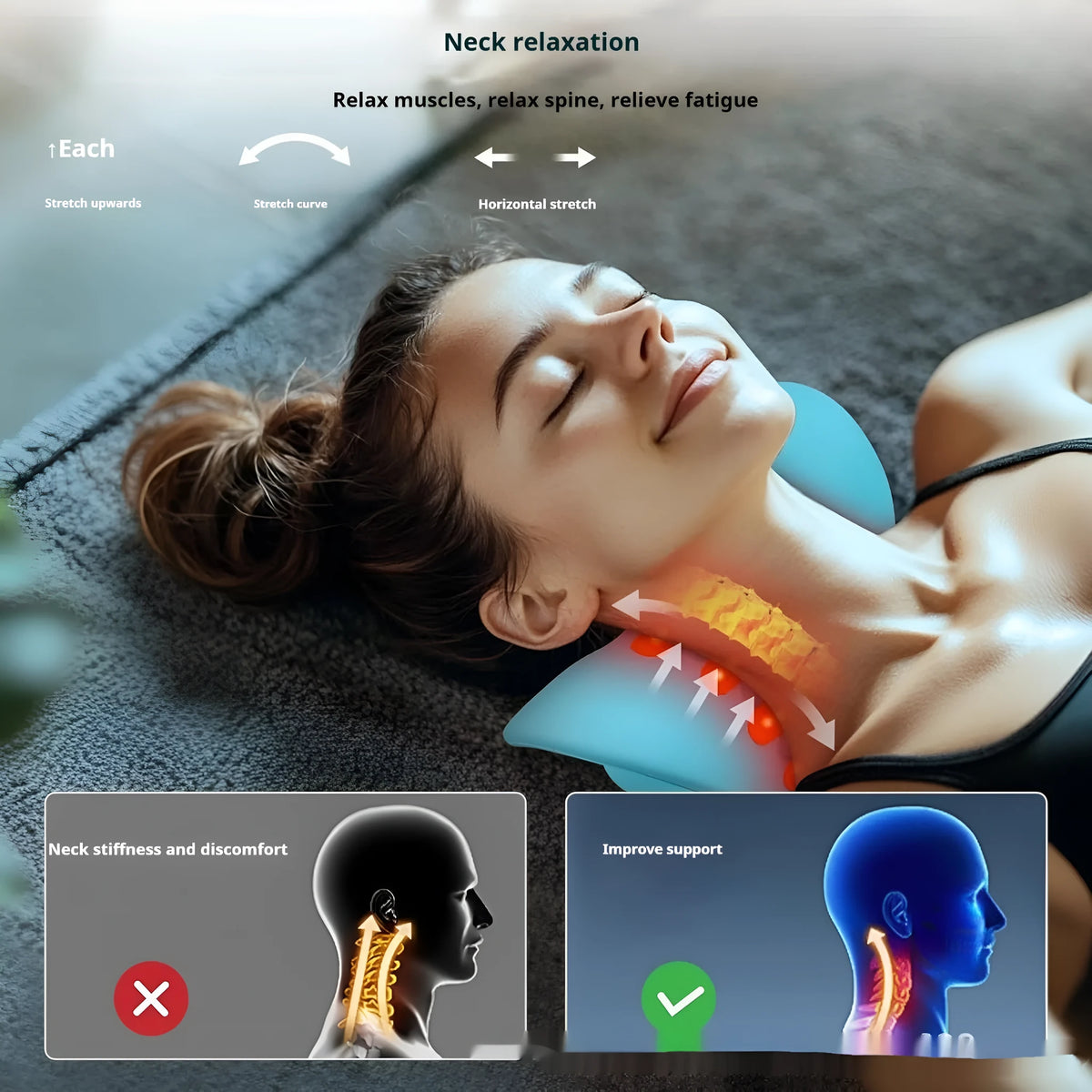 Blue PU leather cervical traction pillow with infrared and red light therapy for neck relief