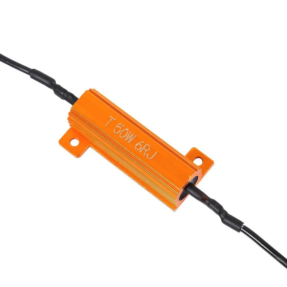 Two gold-coloured aluminium case LED load resistors with four connection clips for car installation