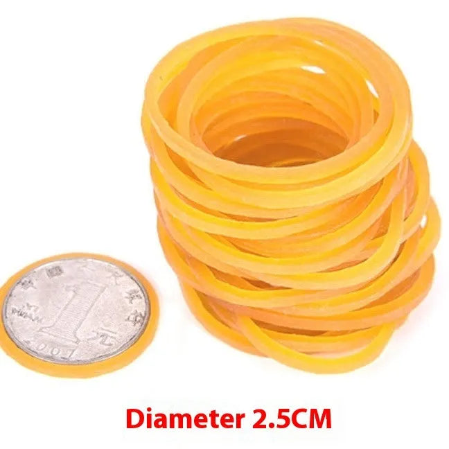 500g bulk pack of assorted yellow rubber bands in sizes from 25mm to 70mm diameter.