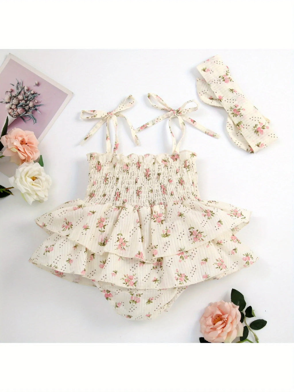 Beige corduroy baby girl jumpsuit set with A-line skirt and matching headband for newborn to 3-4 years