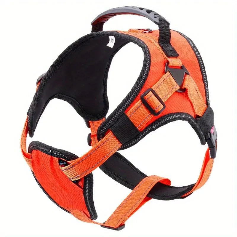 Orange adjustable nylon dog harness vest with reflective strips and breathable mesh panelling.