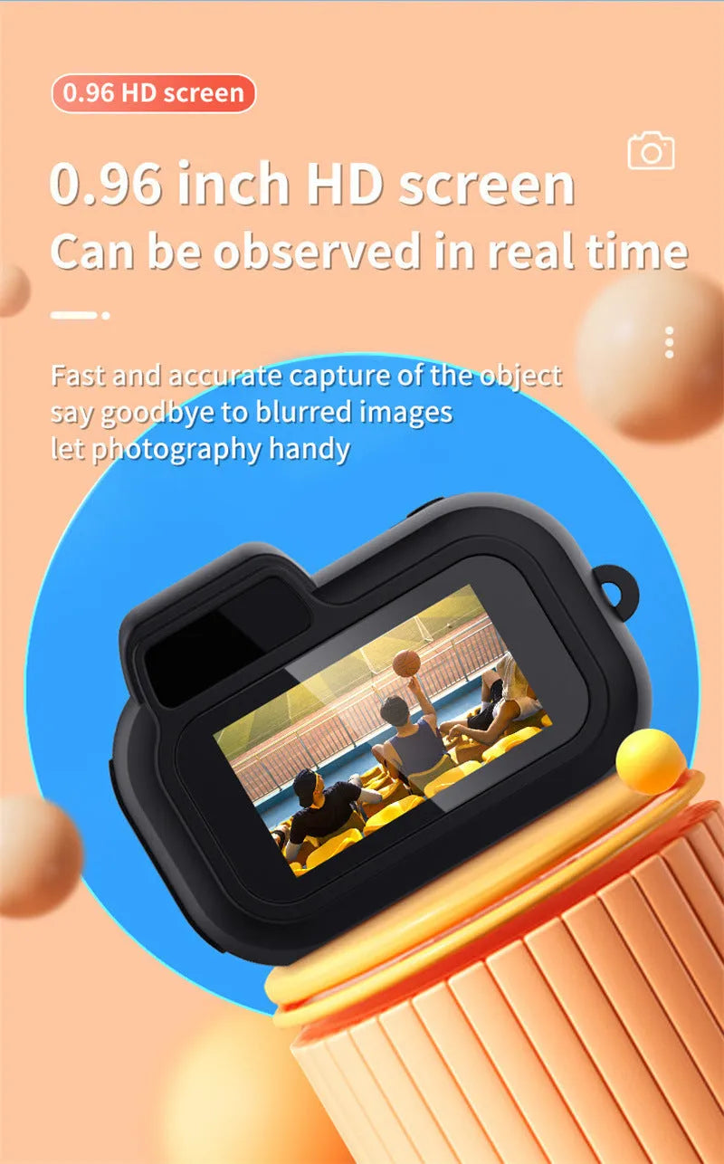 Black retro-style mini digital video camera with small screen shown on a table.