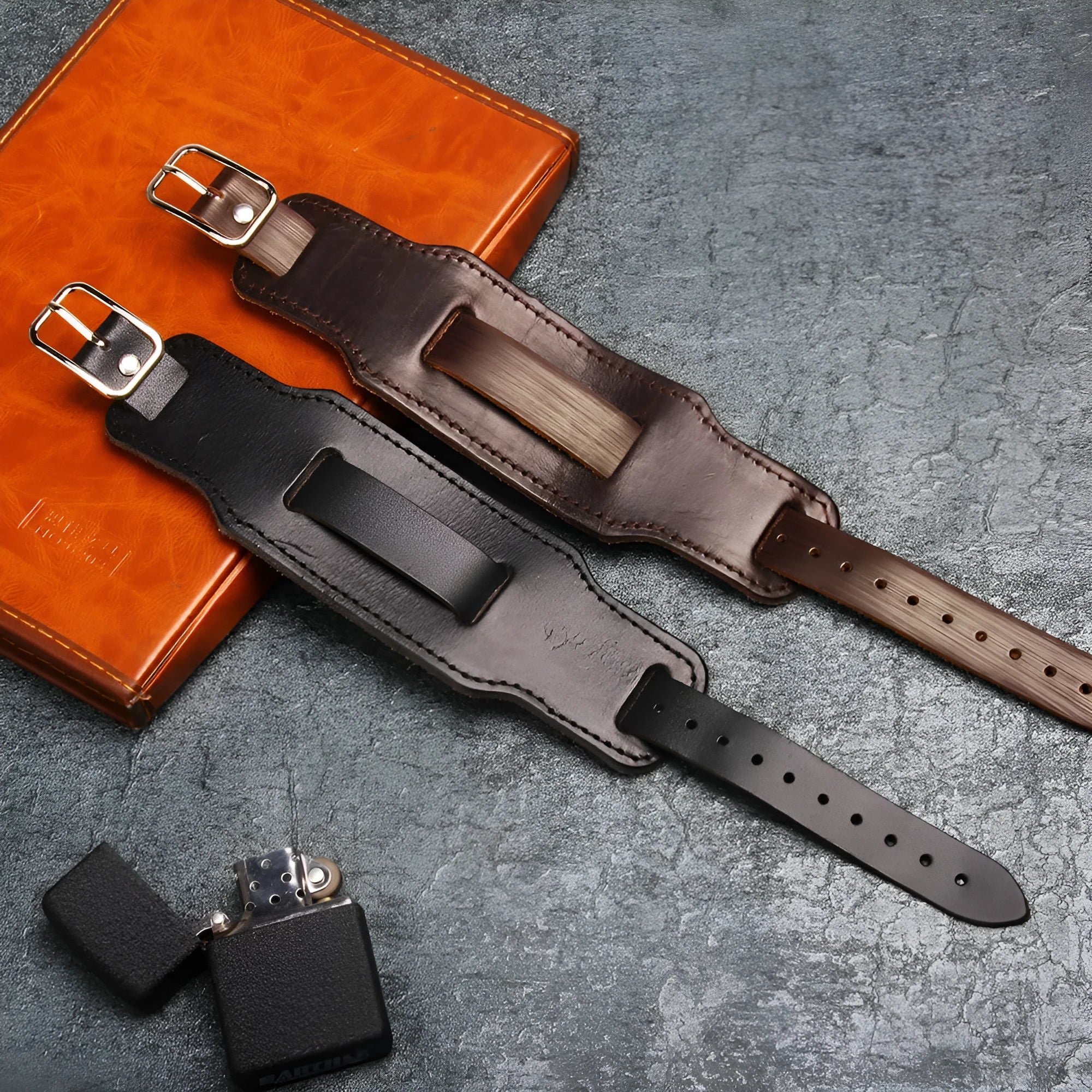 Simple wide cowhide leather bracelet in black and brown, geometry shape, unisex accessory