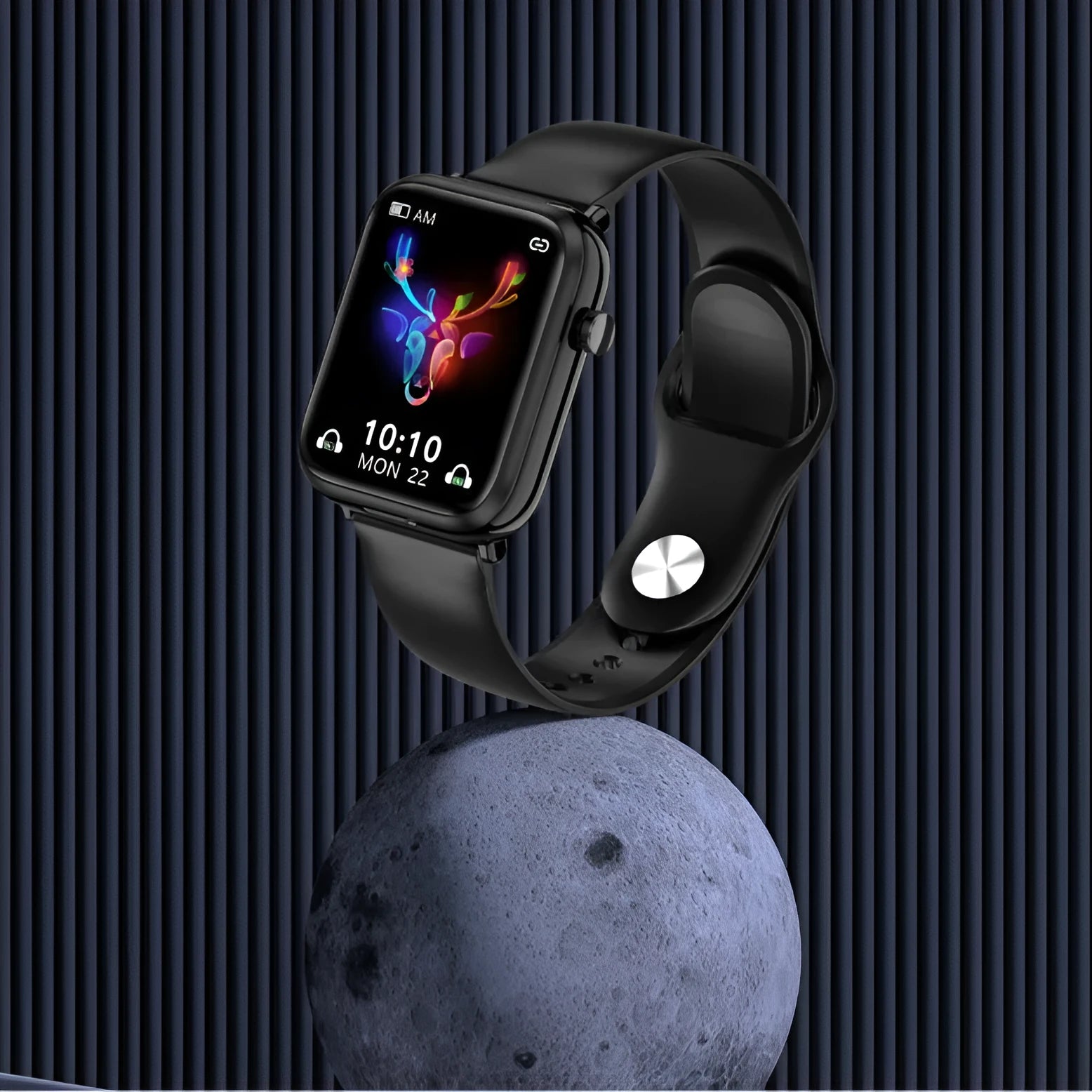 Black smartwatch with touchscreen display and integrated Bluetooth earpieces docked in charging case.