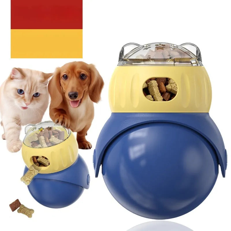 Morandi yellow and blue owl-shaped plastic puzzle feeder for cats on a wooden floor.