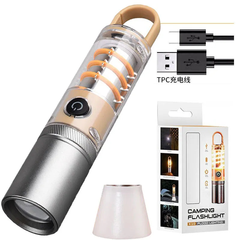 Orange and beige 10W dual-light flashlight with hook and keychain attachment