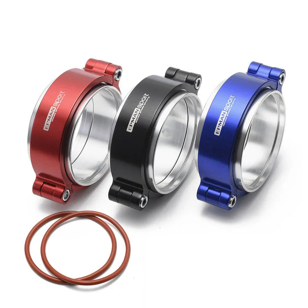 Aluminium fixed movement clamp for car turbo exhaust, in red, showing its one-piece construction.
