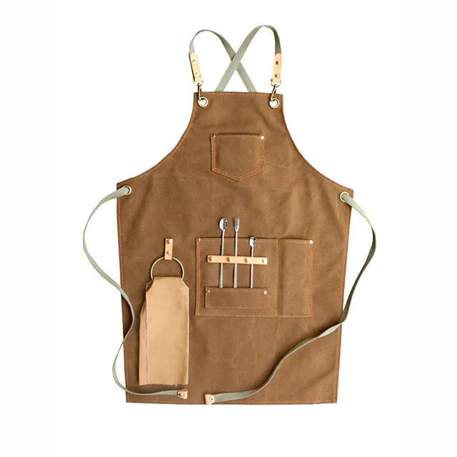 Han style canvas apron with cross-strap back in camel, light grey, or dark grey