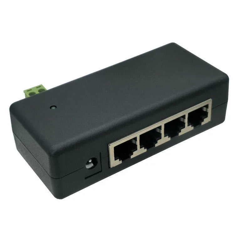 Black four-port centralized DC power supply box with RJ-45 interfaces for TV, PoE, or syringe-pump equipment
