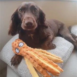 Blue octopus-shaped dog chew toy with tentacles, no stuffing, crinkle and squeaker sounds