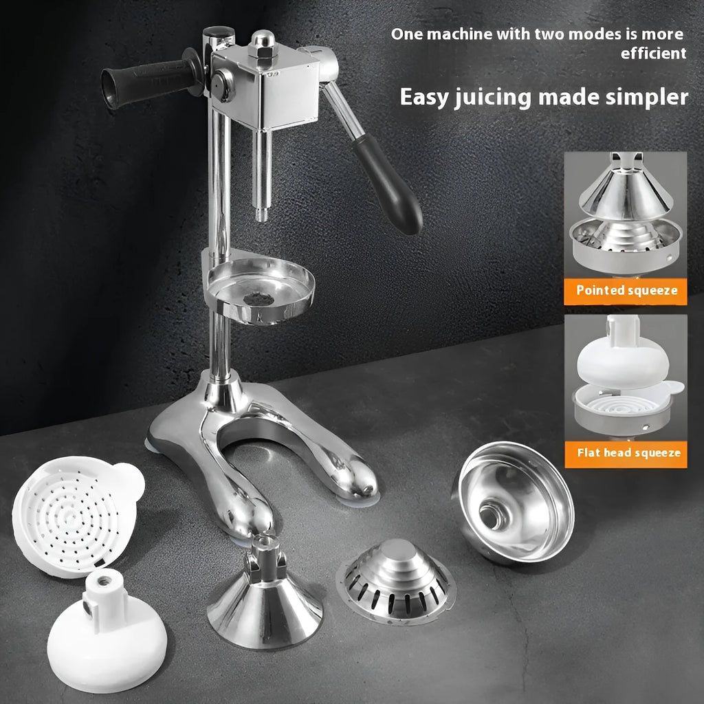 Stainless steel manual vertical juicer shown in multiple colour and tip style options.