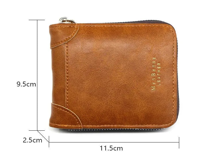 Men's short PU leather wallet with zipper coin purse, synthetic leather lining, available in black, dark brown or light brown
