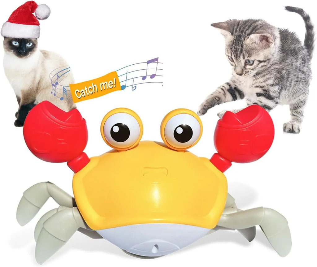 Blue and red electronic crawling crab dog toy with lights on, shown next to a charging cable.