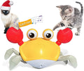 Blue and red electronic crawling crab dog toy with lights on, shown next to a charging cable.