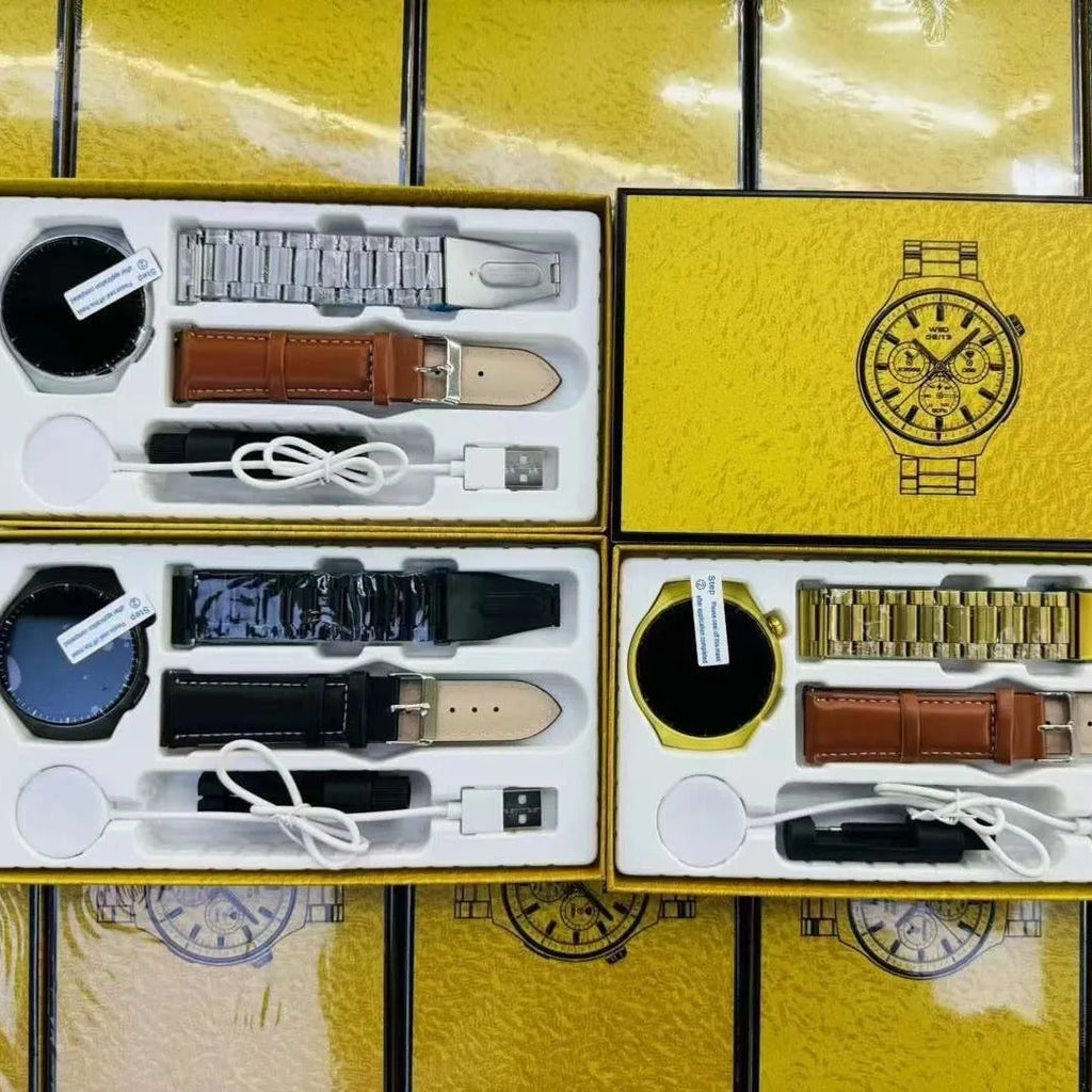 Smart watch set with health monitoring and Bluetooth calling in black, gold, and silver options