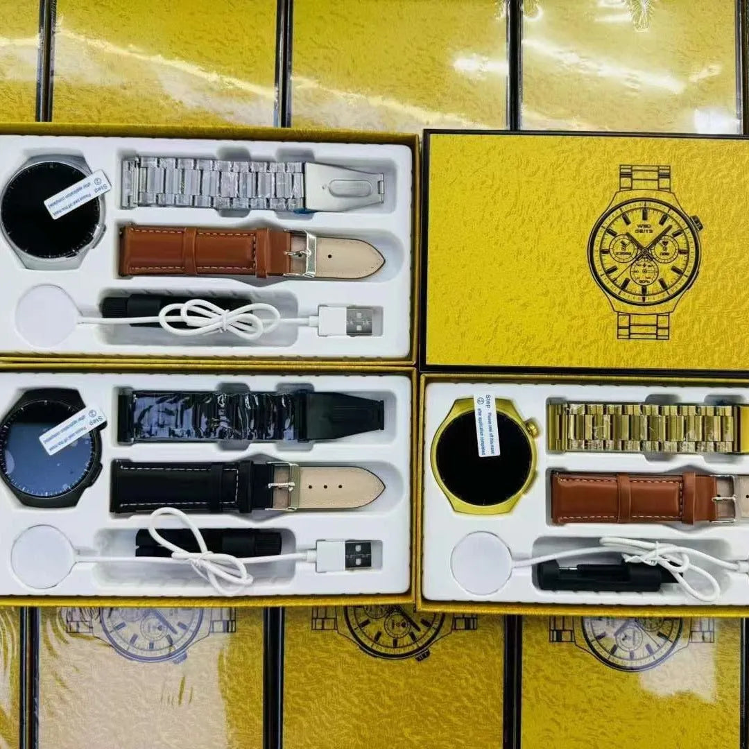Smart watch set with health monitoring and Bluetooth calling in black, gold, and silver options
