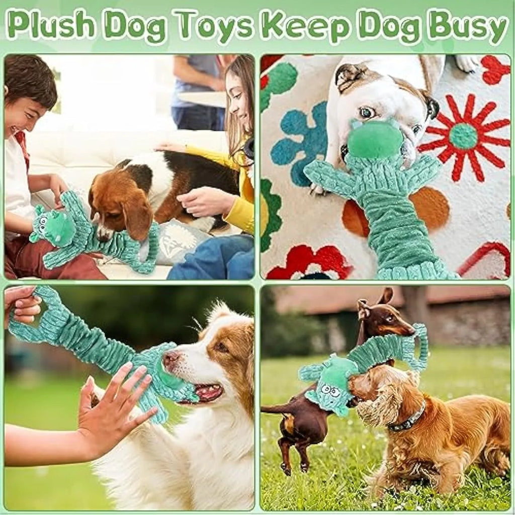 Large stretchy plush dog toy in Hippo or Monkey design with a squeaker and crinkle paper for tug of war.