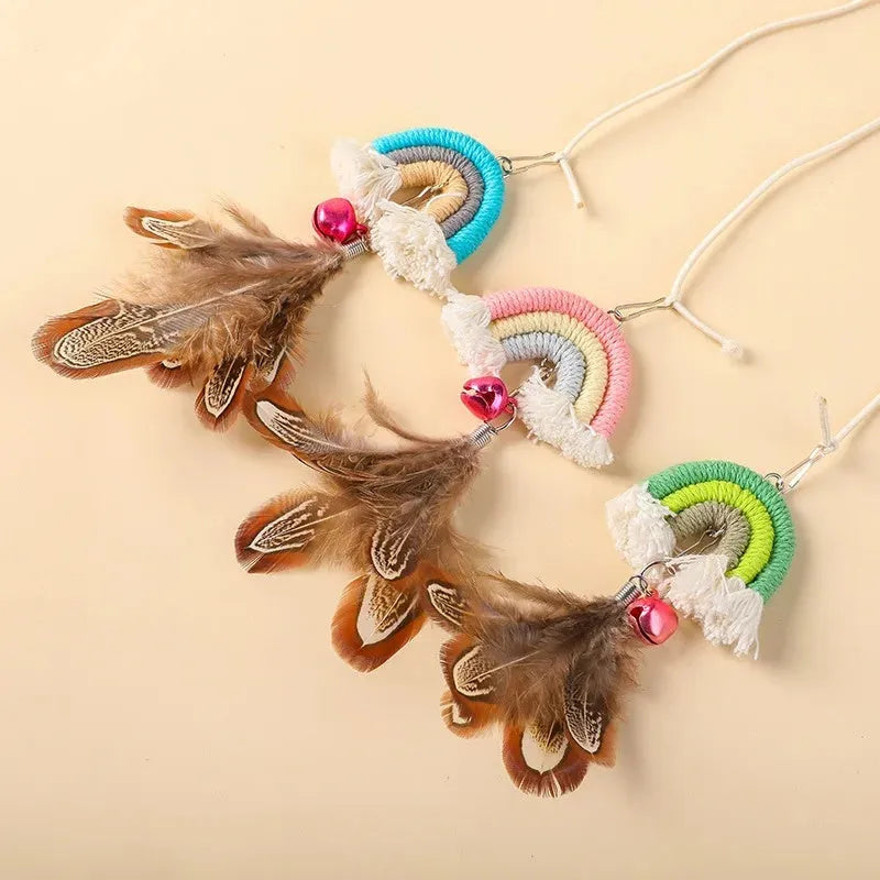 Feather cat rope door swing toy with elastic mechanism and sticky buckle clamp in blue green pink colours