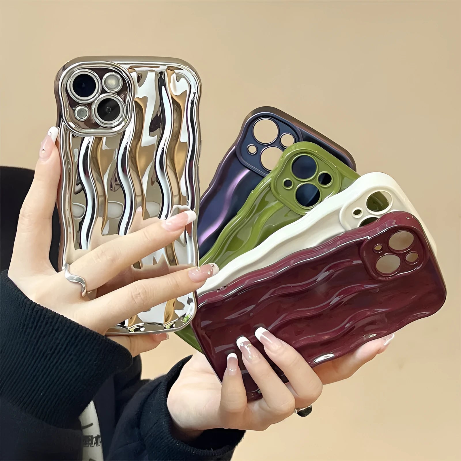 TPU soft solid colour wave pleated anti-fall phone case for iPhone, electroplated finish, multiple colours