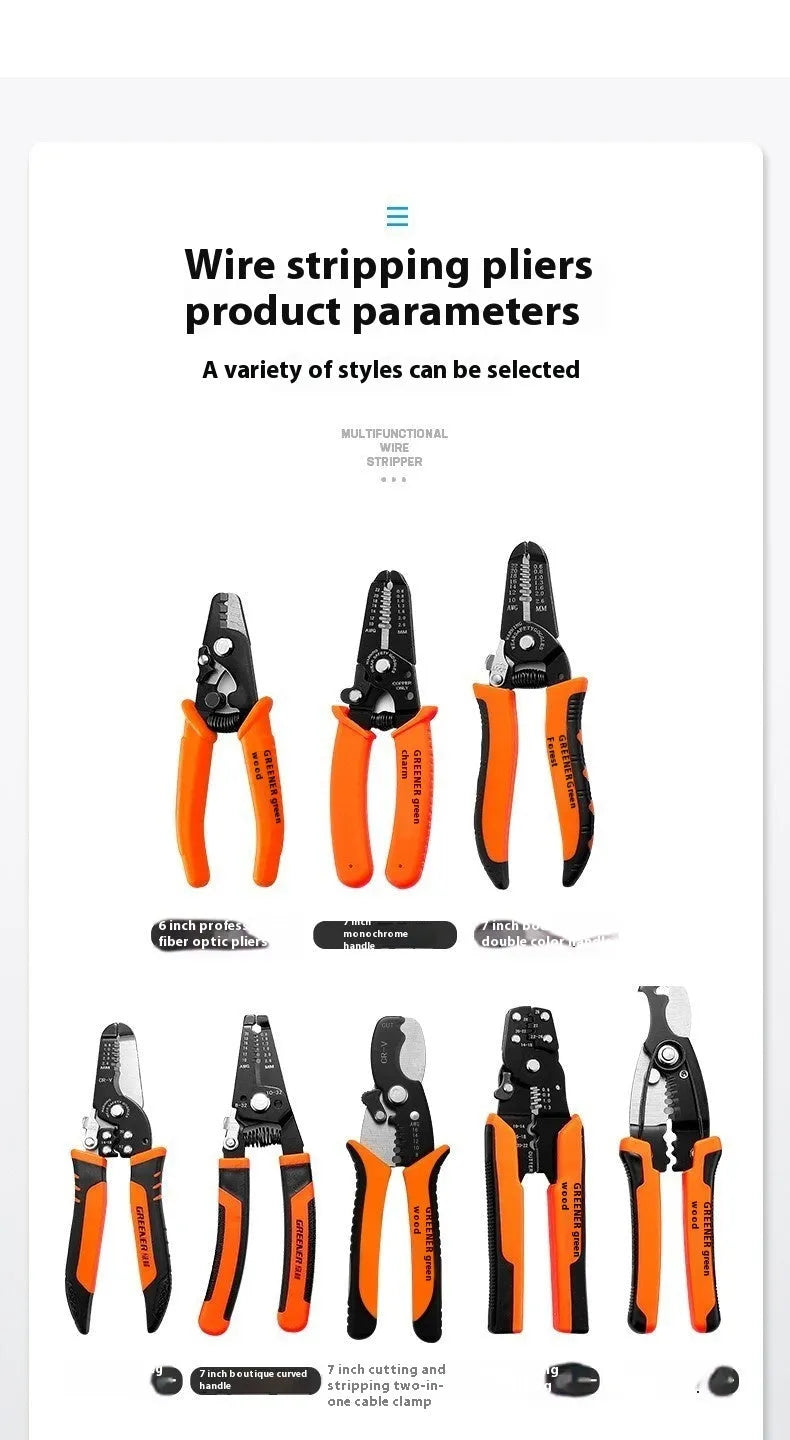 Fully automatic wire stripping pliers tool with high carbon steel blades on a workbench.