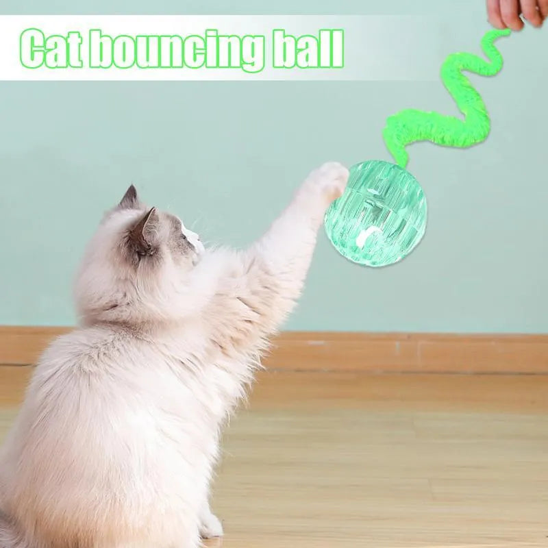 Green bouncy worm-shaped cat toy with a long plush tail on a wooden floor.