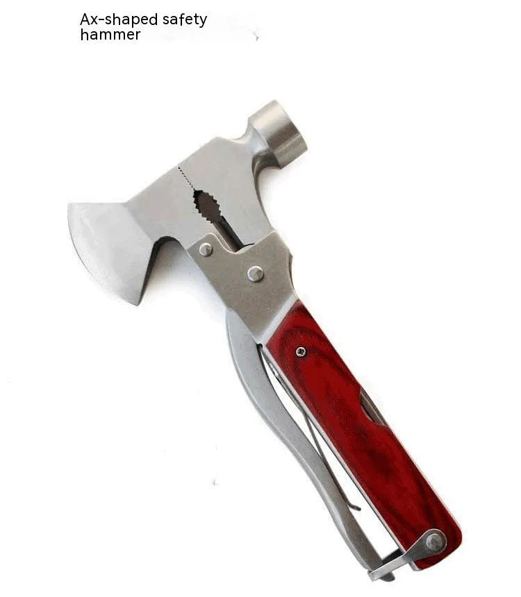 Multi-functional 16-in-1 car safety hammer with three head variants: axe, cone and claw designs