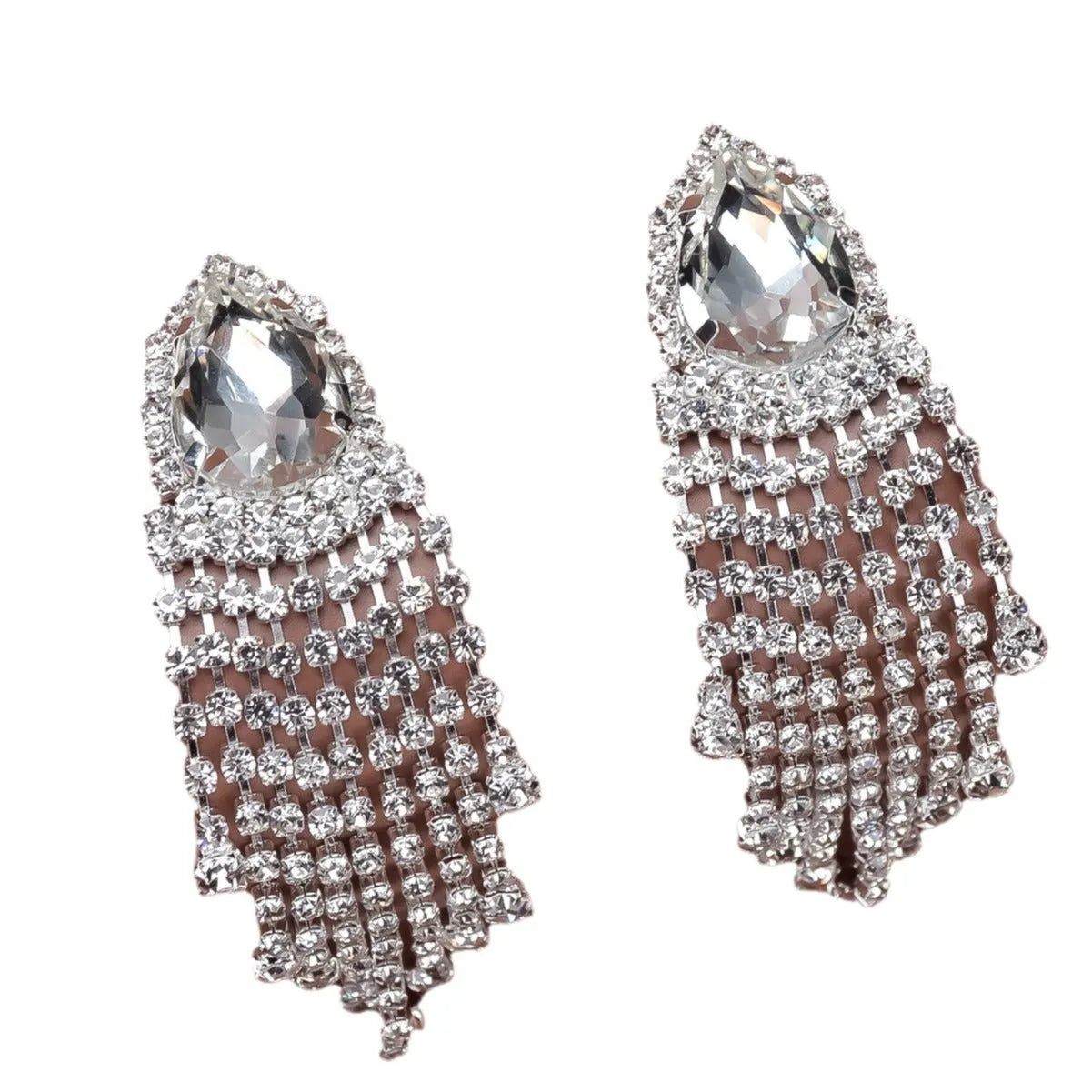 Rhinestone tassel earrings drop-shaped diamond treatment process silver green red 10x2.5cm women fashion OL