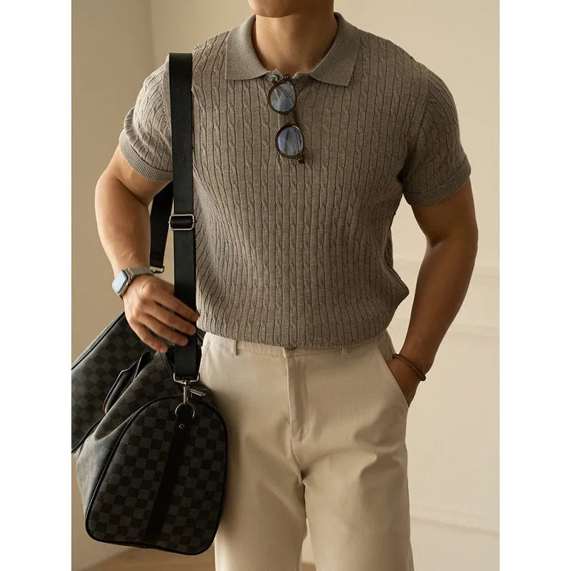 Men's short sleeve business top in khaki colour, shown on a hanger.