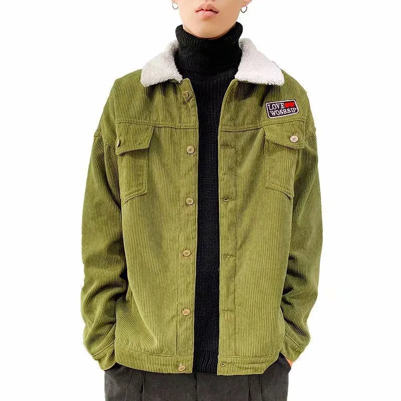 Men's corduroy workwear jacket in loose fit design showing front view