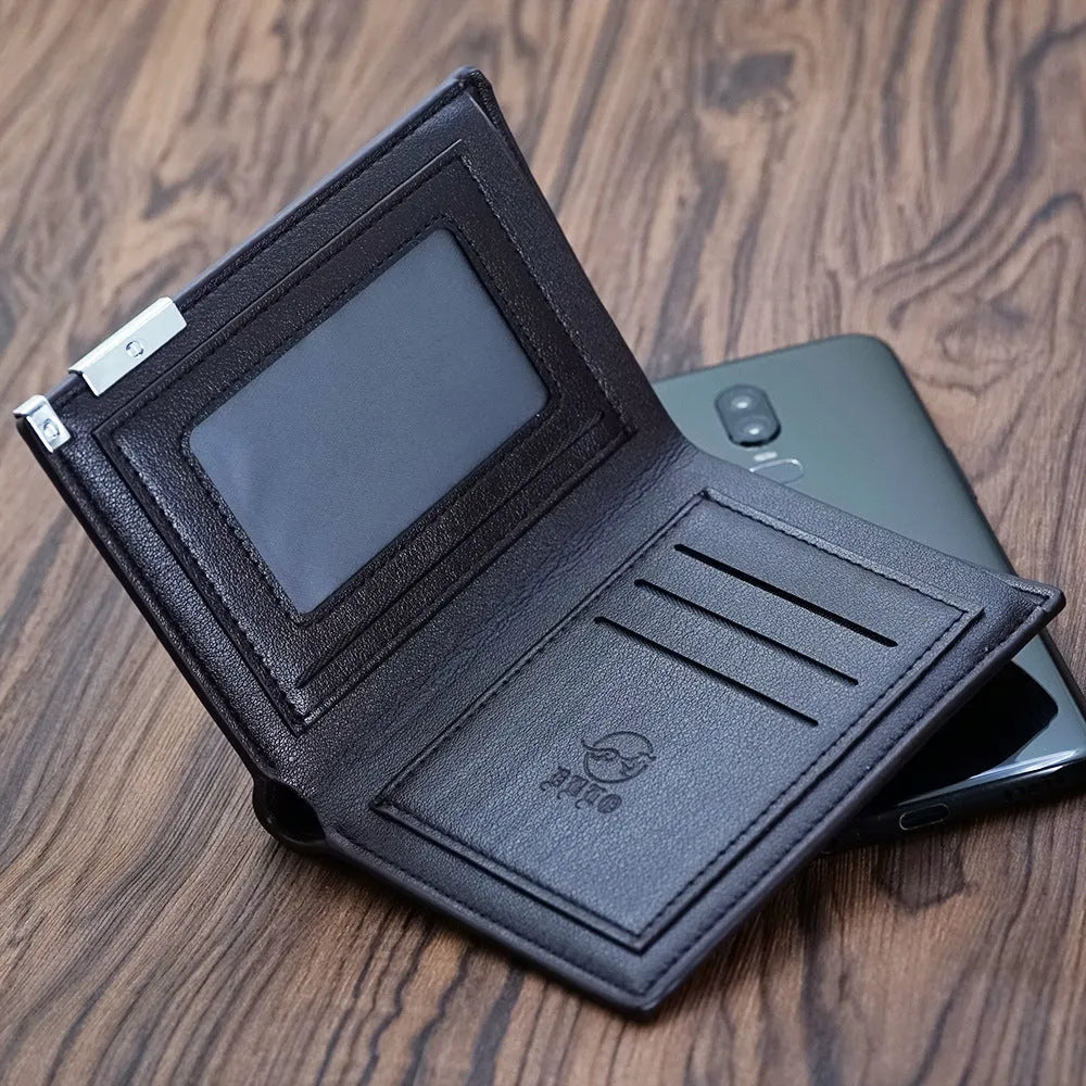Men's brown leather wallet with zipper closure showing seven card slots inside