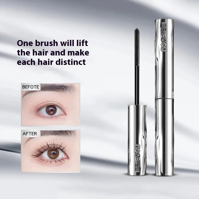 Black waterproof mascara in a steel tube, shown with an eyelash curler option.