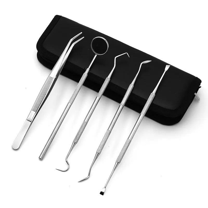 Stainless steel dental tools set with oral mirror in 5 pieces for home tooth care cleaning