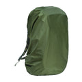 Army green waterproof rain cover fitted over a large 80 litre backpack for outdoor use.
