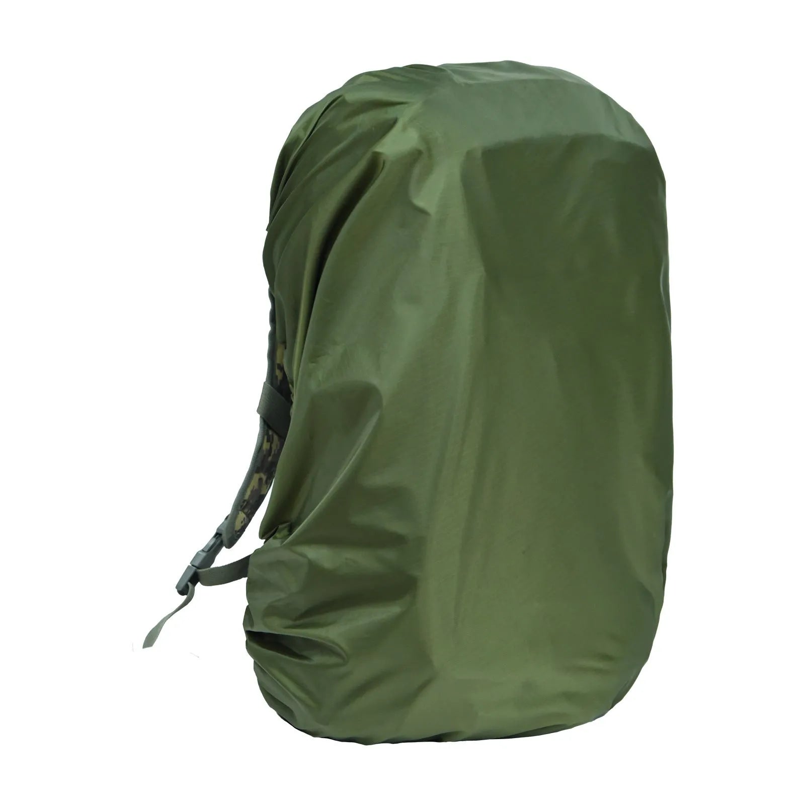 Army green waterproof rain cover fitted over a large 80 litre backpack for outdoor use.