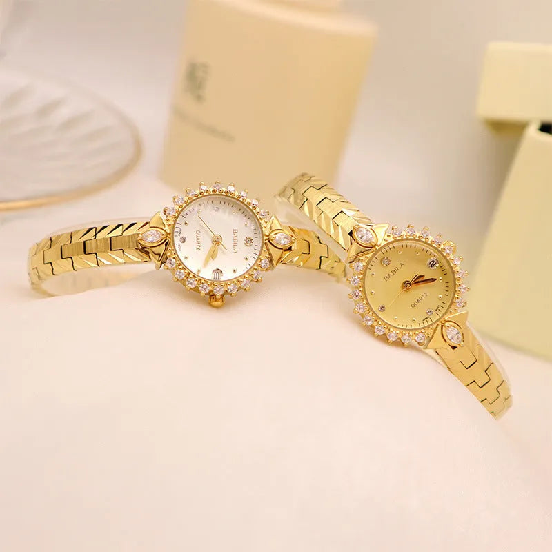 Women's quartz watch with diamond-textured metal bracelet and slim 6mm gold-tone case