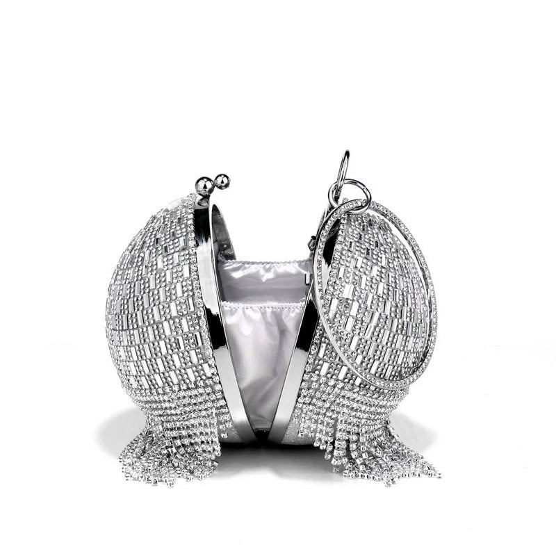 Shining rhinestone round tassel dinner bag in silver with three-dimensional outer pocket