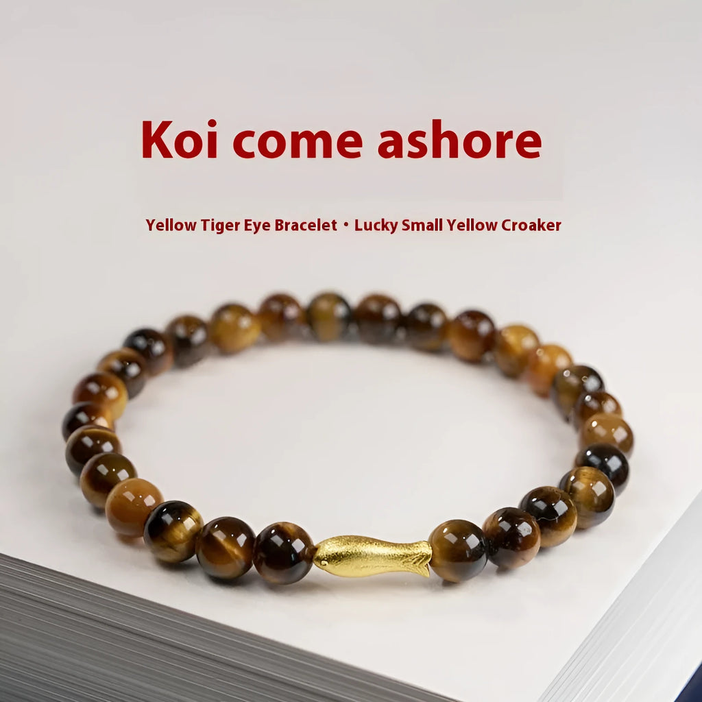 Handmade tigereye beaded bracelet with small fish pendant, natural stone beads, multiple colour options including golden tiger eye