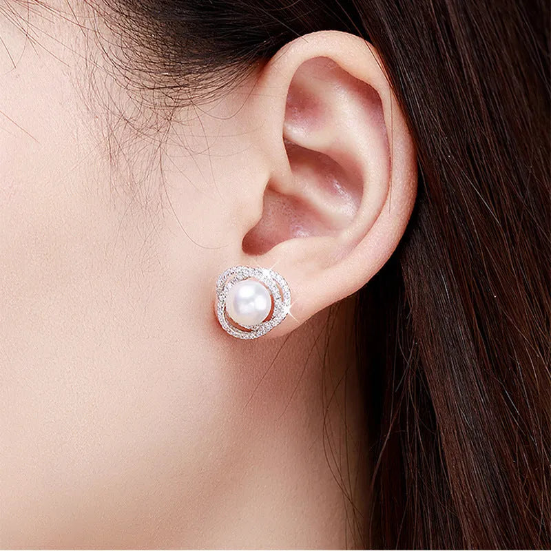Diamond Rose Pearl Stud Earrings with Rhinestone Inlay Copper Silver Needle Geometric Korean Style White Gold