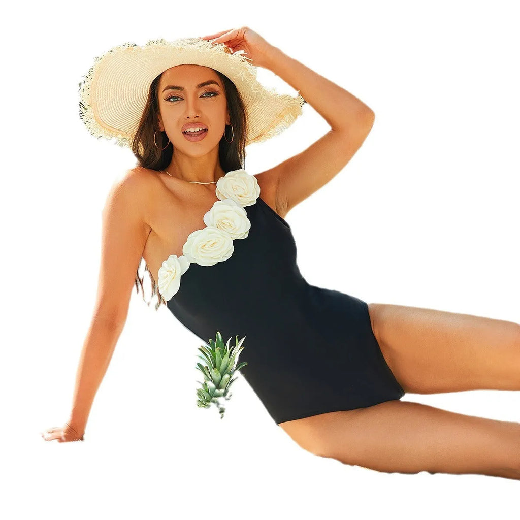 Solid black one-piece swimsuit with nylon lining, European/American sizing